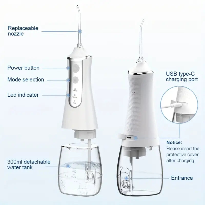 Minceetbien™ Wireless Water Flosser: Portable Dental Flosser with 5 Nozzles, Suitable for Braces, 10.14oz Water Tank, Dental Bridges and Teeth Care